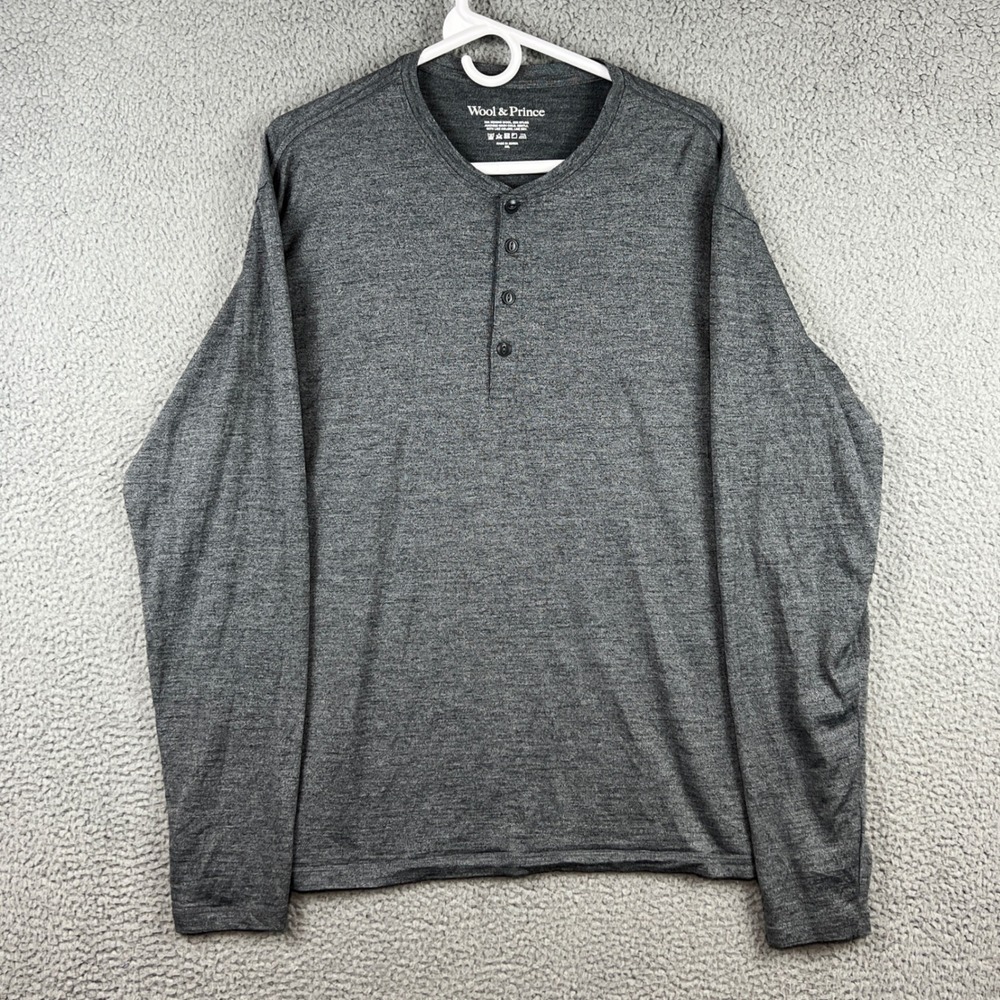 Wool & Prince Mens Merino Wool Blend Henley Shirt Long Sleeve Gray XXL